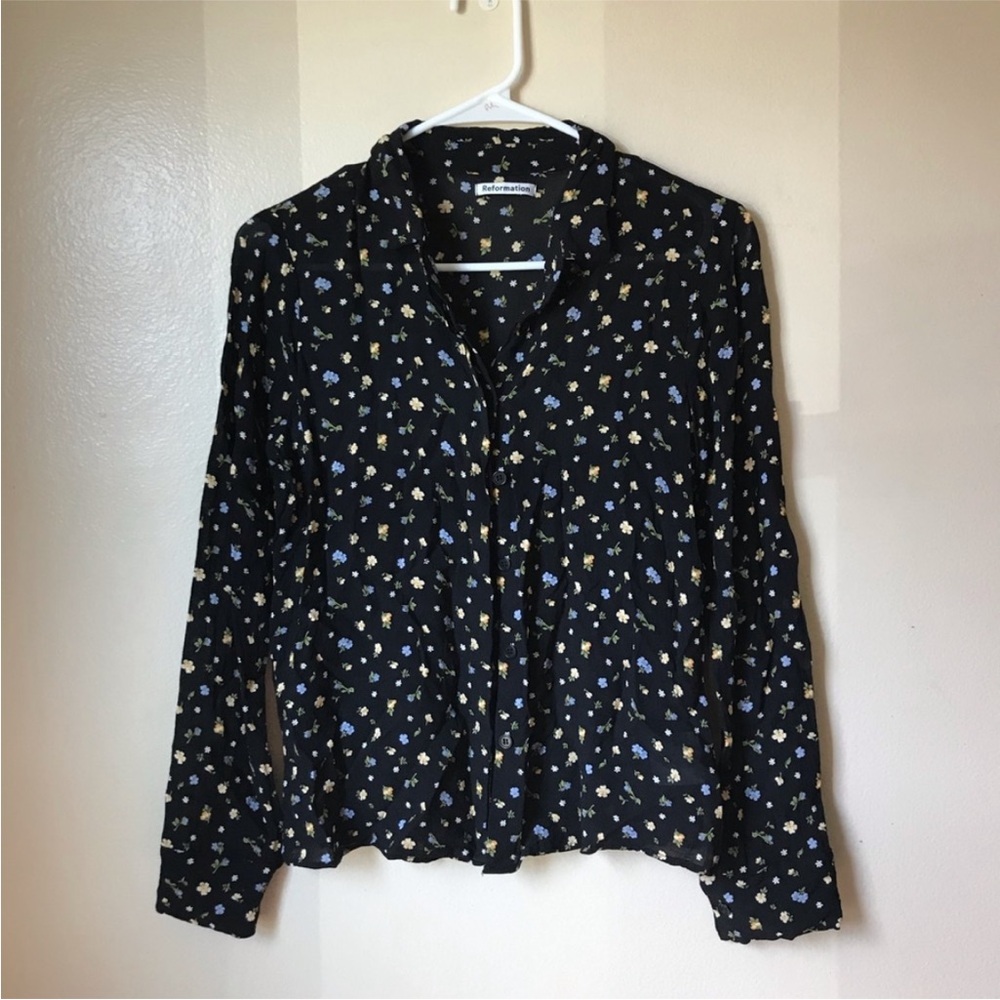 Reformation Black Blouse with Blue and Yellow Floral Pattern